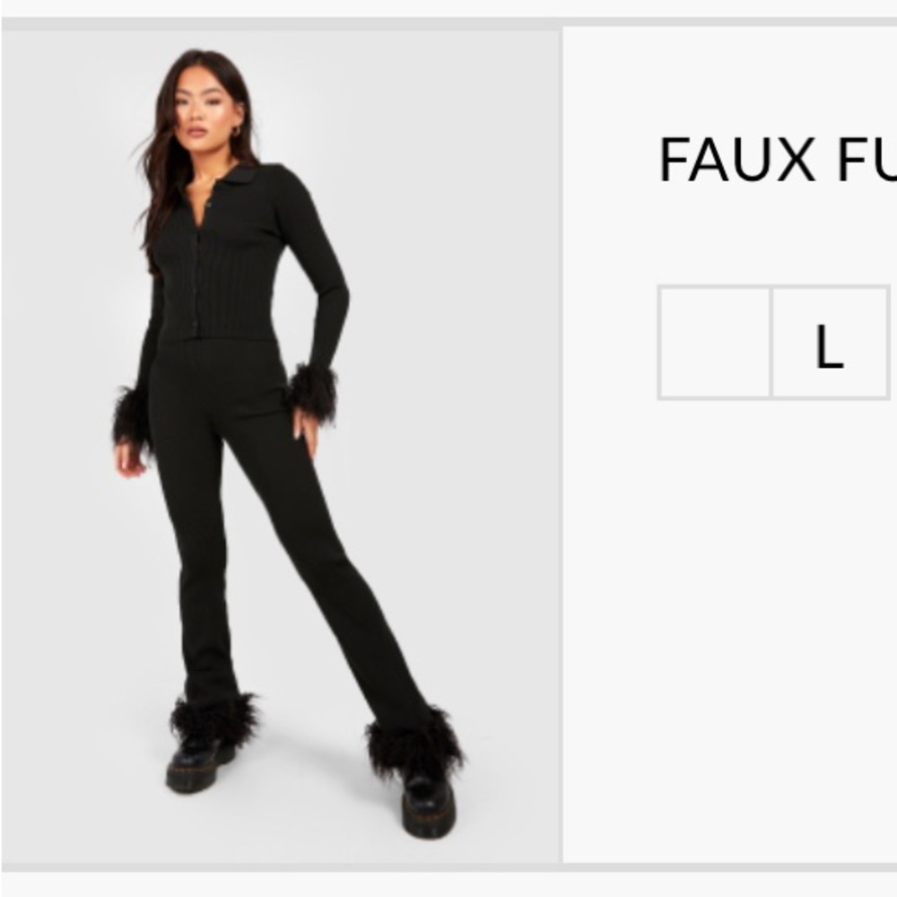 Boohoo Black faux fur trim (detachable) ribbed cardigan and flare pant set